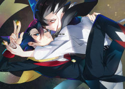 Rule 34 | 2boys, bad id, bad pixiv id, black hair, blue eyes, buttons, closed mouth, coin, commentary request, creatures (company), dual persona, elite four, game freak, glint, grey hair, grimsley (pokemon), hair between eyes, highres, holding, holding coin, jacket, long sleeves, looking at viewer, male focus, multicolored hair, multiple boys, nintendo, pants, pokemon, pokemon bw, pokemon sm, scarf, shirt, white hair, yamanashi taiki, yellow scarf
