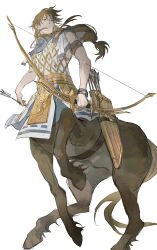 Rule 34 | 1boy, absurdres, ancient greek clothes, arrow (projectile), blue eyes, bow (weapon), brown hair, centaur, chiron (fate), fate/apocrypha, fate/grand order, fate (series), greco-roman clothes, highres, long hair, low-tied long hair, male focus, mimulishizi, monster boy, quiver, taur, weapon, white background