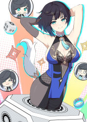 Rule 34 | 1girl, @ @, absurdres, aqua eyes, armpits, arms up, bare shoulders, black hair, blue dress, breasts, chibi, cleavage, commentary, dice, dress, elbow gloves, genshin impact, gloves, grey gloves, grey pantyhose, highres, large breasts, looking at viewer, multiple views, pantyhose, short dress, short hair, single glove, skying, sleeveless, sleeveless dress, smile, standing, tears, yelan (genshin impact)