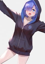 Rule 34 | 1girl, :d, alternate costume, arms up, black hoodie, blue eyes, blue hair, blush, breasts, cleavage, cowboy shot, gomashiwo o, hair ornament, hair over one eye, hairclip, happy, hood, hood up, hoodie, looking at viewer, open mouth, outstretched arms, re:zero kara hajimeru isekai seikatsu, rem (re:zero), short hair, simple background, smile, solo, standing, standing on one leg, teeth, upper teeth only, x hair ornament, zipper