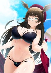 Rule 34 | 1girl, absurdres, beret, bikini, black bikini, blunt bangs, blurry, blurry background, blush, breasts, brown hair, closed mouth, cloud, cloudy sky, commentary request, covered erect nipples, day, floral print, gem, glasses, green eyes, groin, half-closed eyes, hat, head wings, highres, holding, lace, lace-trimmed bikini, lace trim, large breasts, lips, long hair, looking at viewer, meth (emethmeth), multi-strapped bikini, navel, original, outdoors, semi-rimless eyewear, shawl, shiny skin, skindentation, sky, smile, solo, stomach, string bikini, swimsuit, wet, wings