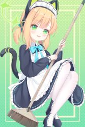 Rule 34 | 1girl, animal ear headphones, animal ears, apron, black dress, black footwear, blonde hair, blue archive, blush, cat tail, dress, fake animal ears, frilled apron, frilled dress, frills, full body, green eyes, headphones, highres, long sleeves, maid, maid apron, maid headdress, midori (blue archive), midori (maid) (blue archive), official alternate costume, open mouth, pantyhose, shoes, short hair, smile, solo, tail, white apron, white pantyhose, yottacc