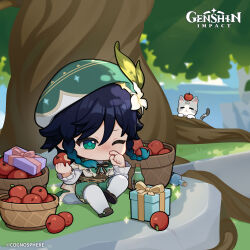 Rule 34 | 1boy, absurdres, apple, aqua hair, belt, black hair, black ribbon, blurry, blurry background, blush, bottle, box, braid, cape, cat, chibi, commentary, day, dot nose, english commentary, flower, food, frilled sleeves, frills, fruit, genshin impact, gift, gift box, gradient hair, green headwear, green shorts, hands up, hat, highres, holding, holding food, loafers, long sleeves, low twin braids, male focus, multicolored hair, no mouth, nose blush, official art, outdoors, pantyhose, ribbon, shoes, shorts, sparkle, tree, twin braids, venti (genshin impact), white flower, white pantyhose