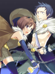 Rule 34 | 1boy, 1girl, alchemist (ragnarok online), animal ears, blue gloves, blue hair, blush, brown cape, brown dress, brown hair, cape, clenched teeth, commentary request, dagger, dress, elbow gloves, feet out of frame, fingerless gloves, flask, fur collar, gloves, gradient background, grey cape, grey pants, hair between eyes, holding, holding dagger, holding knife, holding weapon, horns, knife, looking at viewer, open mouth, pants, purple background, purple eyes, ragnarok online, sasai saki, shadow chaser (ragnarok online), short dress, short hair, shrug (clothing), smiley face, strapless, strapless dress, teeth, waist cape, weapon