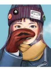 Rule 34 | absurdres, beanie, blue background, blue coat, breath, brown eyes, coat, eyelashes, fake facial hair, fake mustache, gloves, grin, hat, highres, junjunforever, long sleeves, looking at viewer, original, parted lips, purple hair, red gloves, simple background, smile, solo, teeth, upper body
