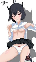 Rule 34 | 1girl, absurdres, bird, black clover, black hair, blouse, blush, bow, bow panties, breasts, crotch seam, highres, horns, indexryo, panties, red eyes, school uniform, secre swallowtail, shadow, shirt, short hair, skirt, small breasts, smile, underwear