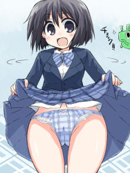 Rule 34 | 1girl, :d, black eyes, blush, bow, bow panties, cameltoe, character request, clothes lift, hitoribocchi no chikyuu shinryaku, long hair, looking at viewer, naitou kouse, ootori nozomi, open mouth, panties, plaid, plaid panties, plaid skirt, school uniform, skirt, skirt lift, smile, solo, translation request, underwear, upskirt