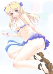 Rule 34 | 10s, 1girl, ayase eli, bangle, bikini, bikini top only, blonde hair, blue eyes, blue ribbon, blue skirt, blush, bracelet, breasts, cleavage, clenched hand, covered erect nipples, frapowa, hair down, hairband, hand on own ass, heart, jewelry, long hair, looking at viewer, love live!, love live! school idol project, natsuiro egao de 1 2 jump!, necklace, pleated skirt, ribbon, sandals, skirt, smile, solo, swimsuit
