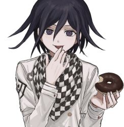 Rule 34 | 1boy, black hair, blush, checkered clothes, checkered neckwear, checkered scarf, danganronpa (series), danganronpa v3: killing harmony, doughnut, finger to mouth, finger to tongue, food, grey background, hair between eyes, holding, long sleeves, looking at viewer, male focus, mori (qqrocgetpxtrykr), oma kokichi, purple eyes, scarf, simple background, smile, solo, tongue, tongue out, upper body