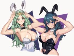 Rule 34 | 2girls, absurdres, alternate costume, animal ears, armpits, arms up, bare arms, bare shoulders, black hairband, black leotard, blue eyes, blue hair, breasts, byleth (female) (fire emblem), byleth (fire emblem), cleavage, clothing cutout, commentary request, detached collar, fake animal ears, fire emblem, fire emblem: three houses, green eyes, green hair, grey background, hairband, highres, large breasts, leotard, long hair, looking at viewer, mali-sa, multiple girls, navel, navel cutout, nintendo, playboy bunny, rabbit ears, rhea (fire emblem), simple background, smile, strapless, strapless leotard, triangle, upper body, very long hair, white hairband, white leotard