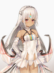 Rule 34 | 1girl, absurdres, aged down, altera (fate), altera larva (fate), armpit crease, arms behind back, bare shoulders, blunt bangs, blush, closed mouth, covered navel, cowboy shot, dark-skinned female, dark skin, detached sleeves, fate/extella, fate/extra, fate (series), flat chest, forehead protector, grey background, grey choker, highres, hokori sakuni, leotard, long sleeves, looking at viewer, red eyes, showgirl skirt, silver hair, simple background, solo, thigh gap, veil, white leotard