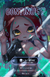 Rule 34 | 1girl, agent 8 (splatoon), bad id, bad pixiv id, black shirt, black skirt, breasts, brown eyes, cleavage, collarbone, commentary request, crop top, dark, fingernails, from above, groin, hands up, high collar, highres, ink, kashu (hizake), light rays, long sleeves, looking at viewer, lying, medium breasts, medium hair, midriff, monster girl, navel, nintendo, octoling, octoling girl, octoling player character, on back, on floor, open mouth, red hair, shirt, short eyebrows, signature, single bare arm, single bare shoulder, single sleeve, skirt, solo, splatoon (series), splatoon 2, splatoon 2: octo expansion, squidbeak splatoon, stomach, suction cups, sweat, tearing up, tentacle hair, translation request, unzipped, upper body, wristband, zipper, zipper pull tab