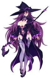 Rule 34 | 1girl, breasts, cleavage, cleavage cutout, clothing cutout, dark mage (monster girl encyclopedia), full body, hat, high heels, highres, jewelry, kenkou cross, large breasts, loincloth, long hair, looking at viewer, monster girl encyclopedia, navel, navel cutout, official art, pelvic curtain, pointy footwear, purple hair, purple theme, purple thighhighs, revealing clothes, ring, shoes, simple background, solo, staff, thighhighs, very long hair, white background, wide sleeves, witch, witch hat, yellow eyes