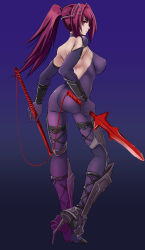 Rule 34 | 1girl, adapted costume, ass, bodysuit, breasts, butcha-u, dual wielding, fate/grand order, fate (series), holding, large breasts, long hair, polearm, ponytail, purple bodysuit, purple hair, red eyes, scathach (fate), scathach (fate), solo, spear, weapon