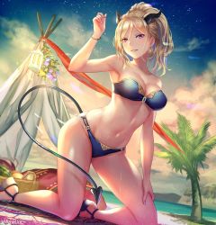 Rule 34 | 1girl, anbe yoshirou, bare shoulders, basket, beach, bikini, blonde hair, blue sky, bracelet, breasts, cleavage, cloud, cloudy sky, collarbone, commentary request, copyright request, demon girl, demon horns, demon tail, earrings, fingernails, flower, food, fruit, full body, hand up, highres, horns, jewelry, kneeling, lamp, long hair, looking at viewer, medium breasts, nail polish, outdoors, parted lips, plant, ponytail, purple eyes, sandals, sky, smile, solo, star (sky), starry sky, sunrise, swimsuit, tail, thighs