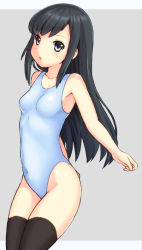 Rule 34 | 10s, 1girl, asashio (kancolle), bare arms, bare shoulders, black hair, black thighhighs, blue eyes, blue one-piece swimsuit, blush, breasts, chestnut mouth, collarbone, covered navel, highleg, highleg swimsuit, kantai collection, kurogane daichi, long hair, navel, one-piece swimsuit, open mouth, small breasts, solo, swimsuit, thighhighs