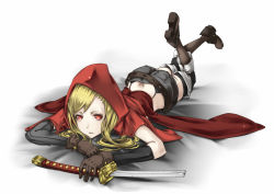 Rule 34 | 1girl, ass, bad id, bad pixiv id, belt, blonde hair, boots, broken, broken sword, broken weapon, brown gloves, cape, detached pants, detached sleeves, gloves, highres, hood, little red riding hood, long hair, lying, neco, on stomach, original, red cape, red eyes, short shorts, shorts, solo, suspenders, sword, weapon