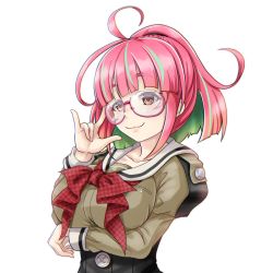 Rule 34 | 1girl, ahoge, blouse, bow, bowtie, breasts, brown eyes, glasses, green hair, green shirt, grey sailor collar, juliet sleeves, kantai collection, large breasts, long sleeves, multicolored hair, pink-framed eyewear, pink hair, ponytail, puffy sleeves, red bow, red bowtie, sailor collar, school uniform, serafuku, shirt, short hair, simple background, solo, streaked hair, tk8d32, ume (kancolle), upper body, white background