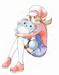 Rule 34 | 1girl, asuka rkgk, blue overalls, blush, bow, brown eyes, brown hair, cabbie hat, closed mouth, creatures (company), game freak, gen 2 pokemon, hat, hat bow, holding, holding pokemon, long hair, lyra (pokemon), marill, nintendo, overalls, pink bow, pink footwear, pink shirt, pokemon, pokemon (creature), pokemon hgss, shirt, shoes, sitting, sleeves past elbows, smile, thighhighs, white headwear, white thighhighs