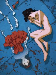 Rule 34 | 1girl, blood, completely nude, dress, from above, full body, highres, kirigoe mima, nude, perfect blue, red dress, sleeping