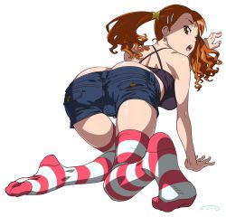 Rule 34 | 10s, 1girl, :o, all fours, anjou naruko, ano hi mita hana no namae wo bokutachi wa mada shiranai., ass, brown eyes, brown hair, butt crack, denim, earrings, feet, foreshortening, hair ornament, hairclip, highres, jewelry, long hair, looking back, md5 mismatch, no shoes, resolution mismatch, short shorts, shorts, simple background, solo, source larger, star (symbol), striped clothes, striped thighhighs, suna (sandworks), thighhighs, twintails, white background