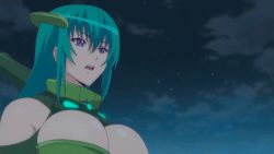 Rule 34 | 1girl, aldea (masou gakuen hxh), animated, animated gif, bouncing breasts, breasts, bursting breasts, cleavage, green hair, large breasts, long hair, masou gakuen hxh, night, open mouth, purple eyes, solo, standing
