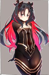 Rule 34 | 1girl, black hair, blush, bodysuit, bow, breasts, cleavage, cleavage cutout, clothing cutout, fate/grand order, fate (series), frown, grey eyes, hair bow, horns, ishtar (fate), kei (soundcross), light blush, long hair, multicolored hair, red hair, small breasts, solo, space ishtar (fate), space ishtar (first ascension) (fate), thighs, two-tone hair, two side up