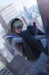 Rule 34 | 1girl, absurdres, ass, blonde hair, blue eyes, blurry, blurry background, bodysuit, cellphone, cityscape, day, depth of field, earphones, gwen stacy, hairband, highres, hood, hooded bodysuit, hoodie, jee-hyung lee, latex, latex suit, lips, long hair, marvel, outdoors, phone, signature, smartphone, solo, spider-gwen, spider-man (series), squatting