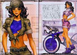 Rule 34 | 1girl, anja anion, belt, bicycle, bike shorts, black hair, breasts, fingerless gloves, front-tie top, galgrease, galhound, gloves, hand on own hip, hat, highres, lips, long hair, looking at viewer, medium breasts, midriff, navel, parted lips, shirou masamune, shirt, shorts, smile, solo, tied shirt, underboob, w tails cat