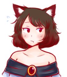 Rule 34 | 1girl, alternate hair length, alternate hairstyle, animal ears, bare shoulders, brooch, brown hair, collarbone, dress, fang, imaizumi kagerou, jewelry, looking away, maditsu, off shoulder, red eyes, short hair, solo, strapless, strapless dress, touhou, white background, wolf ears, worried