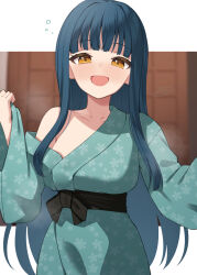 Rule 34 | 1girl, :d, aqua kimono, binsen, blue eyes, blunt bangs, blurry, blurry background, blush, breasts, brown eyes, bubble, collarbone, floral print, hair down, highres, idolmaster, idolmaster million live!, idolmaster million live! theater days, japanese clothes, kimono, kitakami reika, large breasts, letterboxed, long hair, open mouth, sidelocks, signature, smile, solo, steam, straight hair, upper body