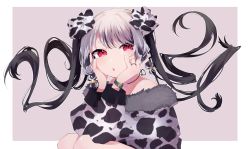 Rule 34 | 1girl, 2021, :o, animal print, bare shoulders, black choker, black legwear, blush, border, bow, chinese zodiac, choker, commentary request, cow print, fur trim, hair bow, hands on own cheeks, hands on own face, highres, jewelry, long sleeves, looking at viewer, multicolored hair, multicolored nails, nail polish, open mouth, original, outside border, print bow, purple background, red eyes, ring, silver hair, simple background, solo, squatting, twintails, two-tone hair, tyazakura sayu, upper body, watch, white border, wristwatch, year of the ox