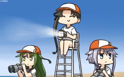 Rule 34 | 3girls, ^ ^, alternate costume, ayanami (kancolle), blue eyes, brown hair, commentary request, crescent, crescent hair ornament, dated, closed eyes, flashlight, green eyes, green hair, hair ornament, hamu koutarou, hat, highres, holding, holding flashlight, kantai collection, long hair, multiple girls, nagatsuki (kancolle), purple hair, shirt, short hair with long locks, short sleeves, side ponytail, sitting, smile, white shirt, yayoi (kancolle)