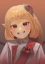 Rule 34 | 1girl, absurdres, alternate costume, bat ornament, blonde hair, buttons, collar, fangs, flandre scarlet, gem, gradient background, hair ornament, highres, long hair, open mouth, pointy ears, red eyes, sash, shoulder belt, shoulder sash, simple background, slit pupils, smile, solo, teeth, the robot boy, touhou, upper body, wings