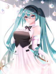 Rule 34 | 1girl, absurdres, alternate breast size, blue eyes, blue hair, breasts, dress, elbow gloves, gloves, hair between eyes, hand on own chest, hatsune miku, highres, holding, holding clothes, holding dress, long hair, medium breasts, miku symphony (vocaloid), riri (7smnzdu), solo, twintails, vocaloid, white gloves