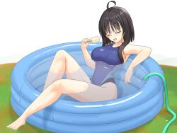 Rule 34 | 1girl, :d, ahoge, bare arms, bare legs, barefoot, bathing, black hair, blush, breasts, closed eyes, collarbone, commentary request, competition swimsuit, curvy, food, full body, grass, hair between eyes, hair over shoulder, hand up, happy, highleg, highleg one-piece swimsuit, highres, hitachi mako, holding, holding food, holding popsicle, hose, knee up, large breasts, leaning back, one-piece swimsuit, open mouth, outdoors, popsicle, relaxing, senren banka, shirayamakoma, short hair with long locks, simple background, sitting, smile, solo, straight hair, swimsuit, thighs, toes, wading pool, water, wet, wet clothes, wet swimsuit, white background