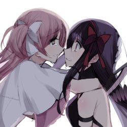 Rule 34 | 2girls, akemi homura, akuma homura, armband, arms around neck, bad id, bad twitter id, black hair, commentary, couple, crying, crying with eyes open, dress, eye contact, face-to-face, female focus, from side, grin, hair ribbon, hairband, hand on another&#039;s head, highres, hug, imminent kiss, kaname madoka, long hair, looking at another, mahou shoujo madoka magica, mahou shoujo madoka magica: hangyaku no monogatari, misteor, multiple girls, parted lips, pink hair, purple eyes, red hairband, red ribbon, revealing clothes, ribbon, short sleeves, short twintails, sleeveless, sleeveless turtleneck, smile, tears, teeth, turtleneck, twintails, two side up, ultimate madoka, upper body, white background, white dress, white ribbon, wide sleeves, yellow eyes, yuri