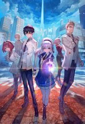 Rule 34 | 3boys, 3girls, black hair, black pants, blonde hair, blue eyes, blue sky, city, clear world, closed mouth, cloud, cloudy sky, collared shirt, full body, glowing, highres, lack, long hair, long sleeves, looking at viewer, multiple boys, multiple girls, necktie, official art, open mouth, orange eyes, pants, pleated skirt, ponytail, red eyes, red hair, road, serious, shadow, shirt, short hair, silver hair, skirt, sky, smile, standing, street, urban, v-shaped eyebrows