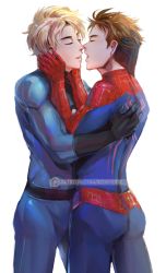 Rule 34 | 2boys, blonde hair, bodysuit, brown hair, closed eyes, fantastic four, gloves, hands on another&#039;s face, imminent kiss, johnny storm, male focus, marvel, multiple boys, open mouth, peter parker, reddverse, spider-man, spider-man (series), yaoi