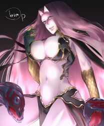 Rule 34 | 1girl, breasts, bump3720, fate/grand order, fate (series), forehead, gorgon (fate), highres, large breasts, long hair, looking at viewer, medusa (fate), midriff, navel, open mouth, purple eyes, purple hair, rider, solo, upper body, very long hair