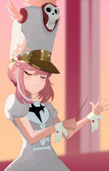 Rule 34 | 1girl, absurdres, blurry, blurry background, blush, bone, breasts, closed eyes, closed mouth, commentary, conductor baton, depth of field, dress, eyelashes, feathers, frilled wrist cuffs, frills, hair up, hat, hat feather, heart, highres, holding, jakuzure nonon, jakuzure nonon (symphony regalia), kill la kill, light blush, light smile, pink feathers, pink hair, puffy short sleeves, puffy sleeves, shako cap, short sleeves, sidelocks, skull, small breasts, smile, solo, standing, swept bangs, takushii, upper body, white dress, wrist cuffs
