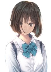 Rule 34 | 1girl, aqua bow, backpack, bad id, bad pixiv id, bag, black bag, bob cut, bow, bowtie, brown eyes, brown hair, closed mouth, collared shirt, commentary, expressionless, furai, hair over face, hair over one eye, hair strand, highres, looking at viewer, messy hair, original, portrait, school uniform, shirt, short hair, simple background, solo, texture, white background, white shirt