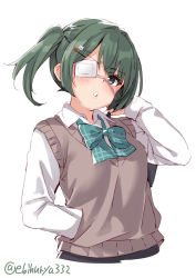 Rule 34 | 1girl, alternate costume, bag, blush, bow, bowtie, ebifurya, eyepatch, green hair, hair between eyes, hair ornament, hairclip, highres, kantai collection, kiso (kancolle), long hair, long sleeves, looking at viewer, one-hour drawing challenge, school uniform, shirt, short hair, simple background, solo, sweater vest, twitter username, white background, white shirt
