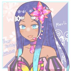 Rule 34 | 1girl, blue eyes, blush, breasts, character name, choker, cleavage, dark-skinned female, dark skin, dated, detached sleeves, gem, happy birthday, headset, highres, looking at viewer, merli (vocaloid), open mouth, pendant choker, puffy sleeves, smile, solo, vocaloid, wixa14 shin