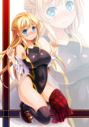 Rule 34 | 1girl, bad id, bad pixiv id, black thighhighs, blonde hair, blue eyes, blush, breasts, competition swimsuit, higa, kneeling, large breasts, long hair, looking at viewer, one-piece swimsuit, original, plaid, plaid skirt, skirt, skirt around one leg, smile, solo, squatting, swimsuit, swimsuit under clothes, thighhighs, zoom layer