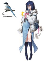 Rule 34 | 1girl, aqua eyes, aqua skirt, bird, black footwear, black hair, black socks, blush, book, bow, bowtie, commentary request, feathers, glasses, grey bow, grey bowtie, heart, heart-shaped pupils, highres, hood, hood down, hooded jacket, jacket, korean commentary, long skirt, long sleeves, looking at viewer, medium hair, open clothes, open jacket, original, paper, personification, plaid, plaid bow, plaid bowtie, plaid neckwear, pleated skirt, rinotuna, shoes, side slit, simple background, skirt, socks, solo, symbol-shaped pupils, white background