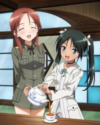 Rule 34 | 2girls, black hair, blue eyes, blush, breasts, closed eyes, collarbone, fang, francesca lucchini, medium breasts, military uniform, minna-dietlinde wilcke, multiple girls, open mouth, panties, red hair, small breasts, smile, standing, strike witches, striped clothes, striped panties, twintails, underwear, uniform, world witches series