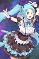 Rule 34 | .live, 1girl, :d, arm up, armpits, black ribbon, black skirt, blue bow, blue hair, bow, breasts, collared shirt, commentary request, dress shirt, frilled gloves, frilled skirt, frills, gloves, hair ribbon, highres, long hair, medium breasts, okiru, open mouth, parted bangs, pleated skirt, red eyes, ribbon, shirt, skirt, sleeveless, sleeveless shirt, smile, solo, suspender skirt, suspenders, teeth, twintails, upper teeth only, very long hair, virtual youtuber, white gloves, white shirt, yamato iori