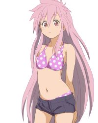 Rule 34 | 1girl, arche klein, closed mouth, denim, long hair, looking at viewer, navel, neko (hansinn), pink eyes, pink hair, short shorts, shorts, simple background, solo, swimsuit, swimsuit under clothes, tales of (series), tales of phantasia, white background