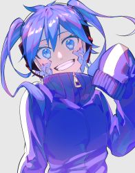 Rule 34 | 1girl, :d, blue eyes, blue hair, collared jacket, dutch angle, ene (kagerou project), facial mark, grey background, hair between eyes, highres, hikari50503, jacket, kagerou project, open mouth, sleeves past wrists, smile, solo, twintails, upper body, wide sleeves